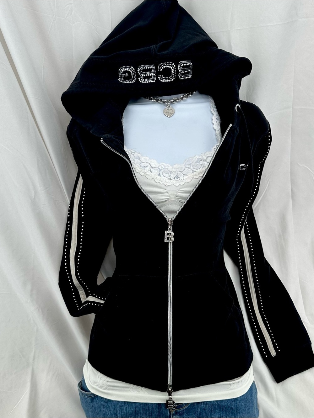 Coquette 2000s BCBG Black Rhinestoned Zip Up Sweater with Double Zipper